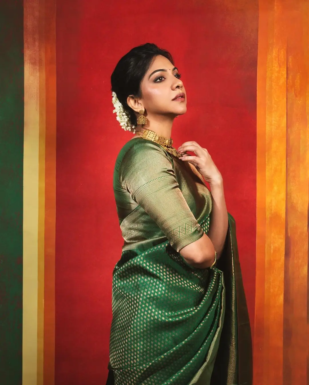 Madonna Sebastian Wearing Green Pattu Saree Blouse